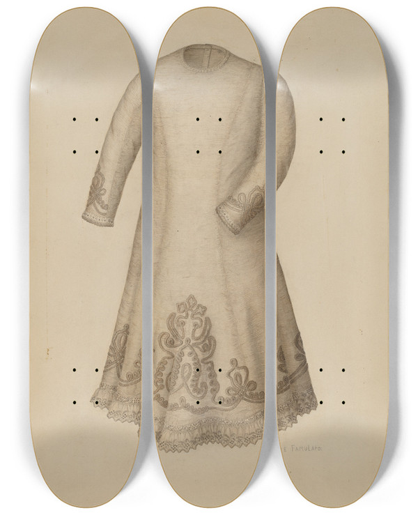 Triptych art skateboard deck of Marie Famularo Infants Dress_1 by Marie Famularo