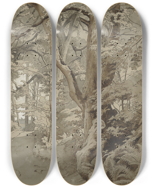 Triptych art skateboard deck of Johann Wilhelm Schirmer Waldpartie Mit Einer Eiche Und Farnkraut by Johann Wilhelm Schirmer (1807-1863)