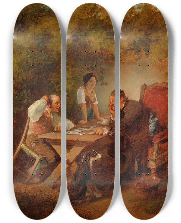 Triptych art skateboard deck of Friedrich Sturm Domino Players by Friedrich Sturm (1834-1906)