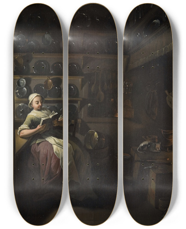 Triptych art skateboard deck of Jens Juel Kitchen Interior With A Girl Reading by Jens Juel (1745-1802)