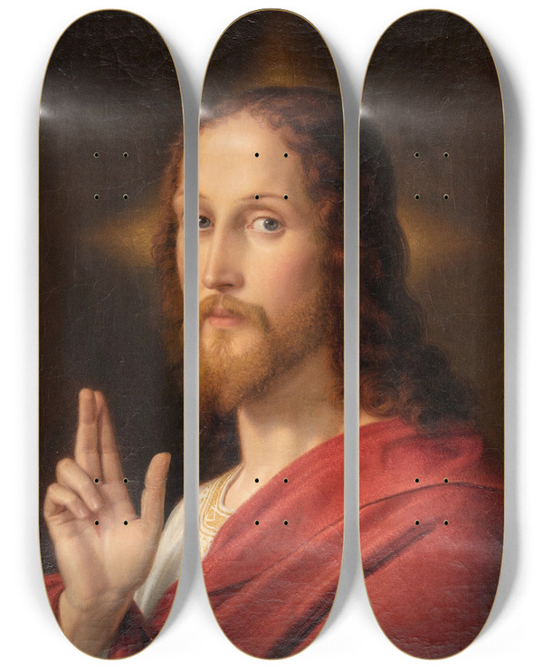 Triptych art skateboard deck of Ernst Deger Christ Blessing Selfportrait by Ernst Deger (1809-1885)