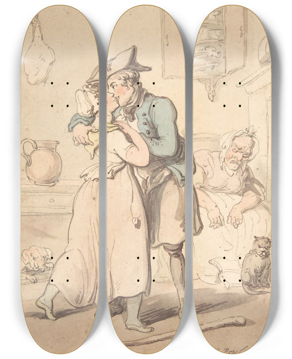 Triptych art skateboard deck of Thomas Rowlandson The Sailors Return From Active Service by Thomas Rowlandson (1756-1827)