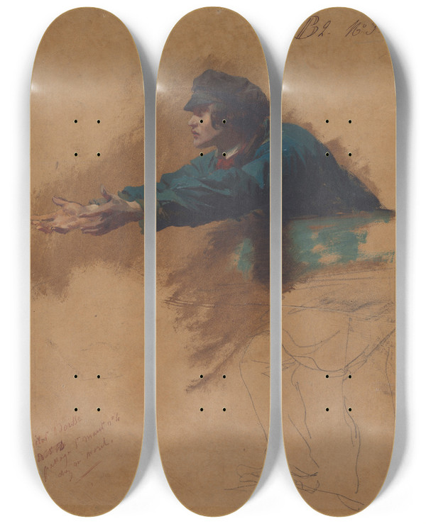 Triptych art skateboard deck of Isidore Pils Young Man Leaning Forward With Outstretched Arms Study For Soldiers Distributing Bread To The Poor by Isidore Pils (1815-1875)