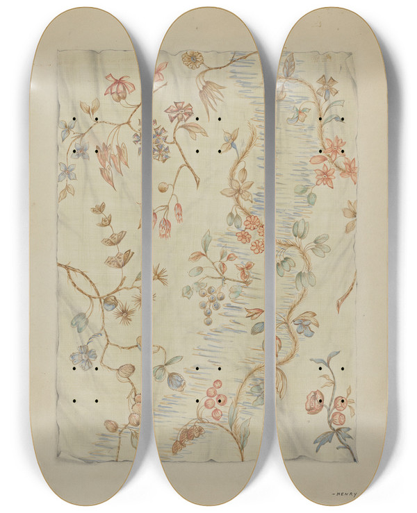Triptych art skateboard deck of Henry Meyers Dress Fabric by Henry Meyers (20-)