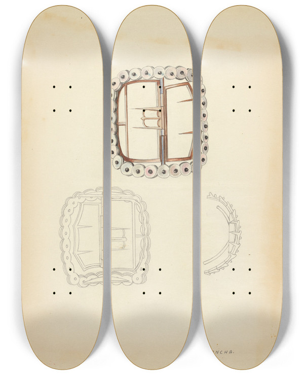 Triptych art skateboard deck of Margaret Concha Shoe Buckle by Margaret Concha