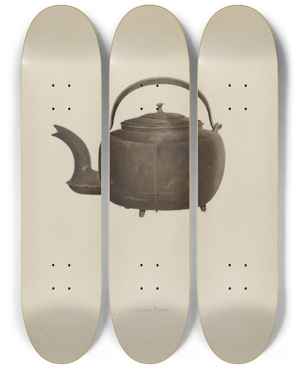 Triptych art skateboard deck of William Schmidt Tea Kettle by William Schmidt