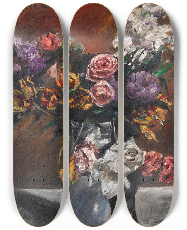 Triptych art skateboard deck of Lovis Corinth Rosen Tulpen Und Flieder by Lovis Corinth (1858-1925)