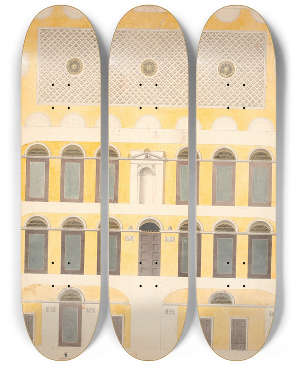 Triptych art skateboard deck of Nicolai Abildgaard The Ceiling And Four Walls Of A Large Room by Nicolai Abildgaard (1743-1809)
