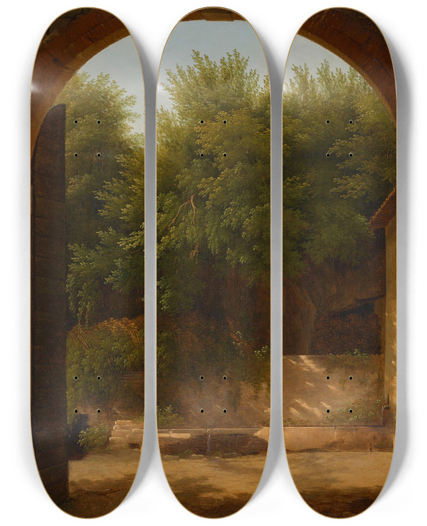 Triptych art skateboard deck of Jeanvictor Bertin A View Of A Sunlit Courtyard With A Trough Seen Through An Archway by Jean Victor Bertin (1767-1842)