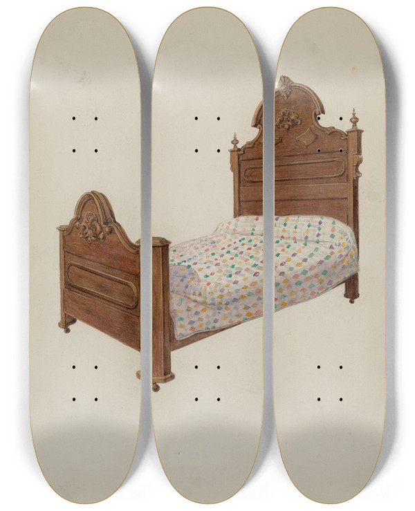 Triptych art skateboard deck of Dana Bartlett Bed by Dana Bartlett