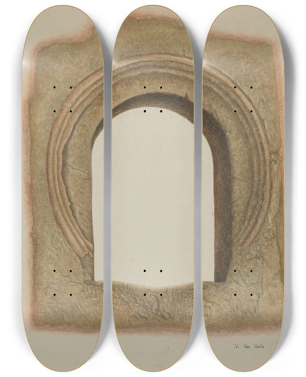 Triptych art skateboard deck of Vera Van Voris Chapel Window by Vera Van Voris
