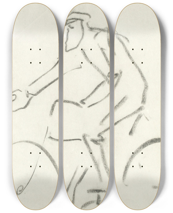 Triptych art skateboard deck of Henri Gaudierbrzeska A Cyclist by Henri Gaudier-Brzeska (1891-1915)