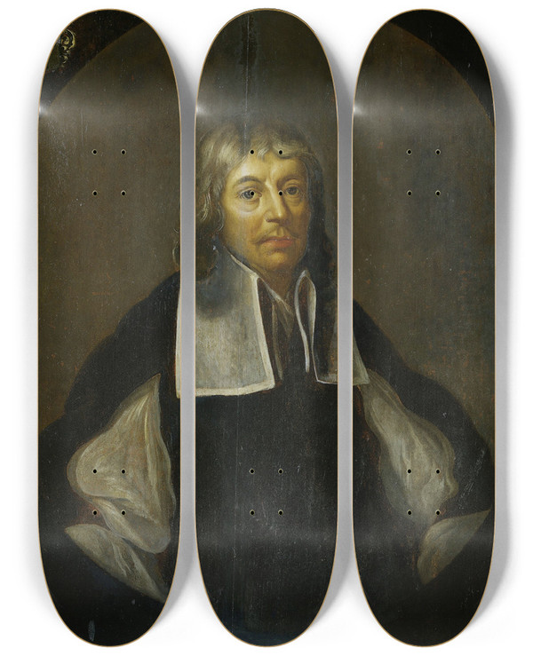 Triptych art skateboard deck of Jacob Coeman Portrait Of Joan Maetsuyker Governorgeneral Of The Dutch East Indies by Jacob Coeman (1632-1676)