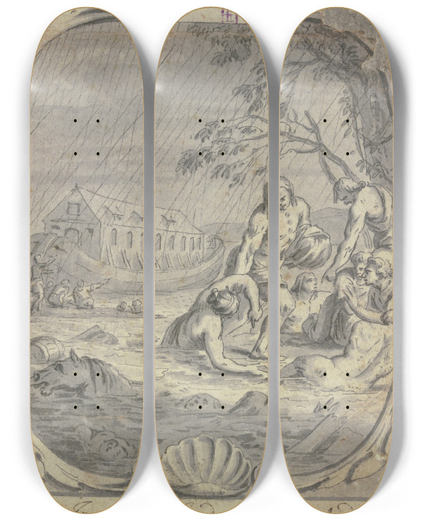 Triptych art skateboard deck of Johann Jakob Von Sandrart The Deluge by Johann Jakob Von Sandrart (1655-1698)