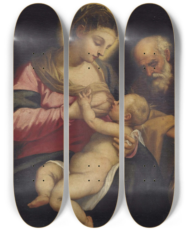 Triptych art skateboard deck of Domenico Tintoretto Holy Family by Domenico Tintoretto (1560-1635)