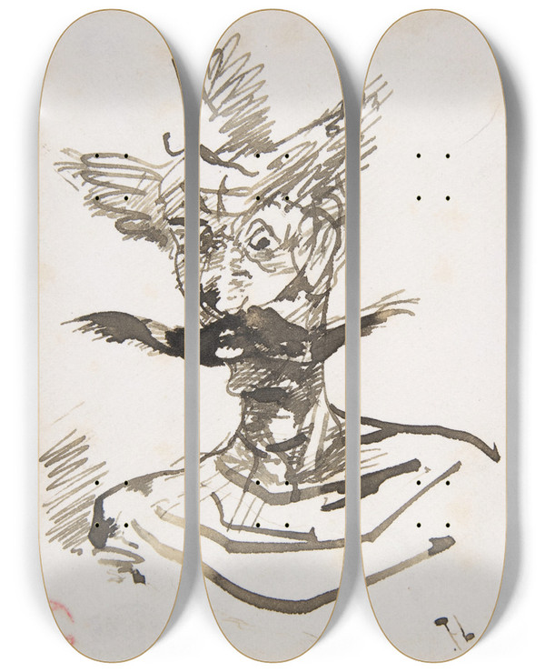 Triptych art skateboard deck of Henri De Toulouselautrec The Clown M Joret by Henri de Toulouse-Lautrec (1864-1901)