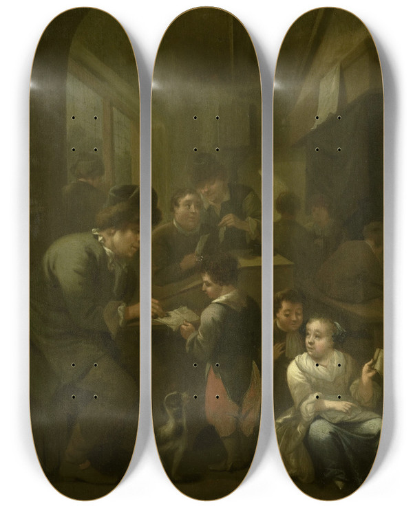 Triptych art skateboard deck of Bernardus Van Schijndel The Schoolmaster by Bernardus Van Schijndel (1647-1709)