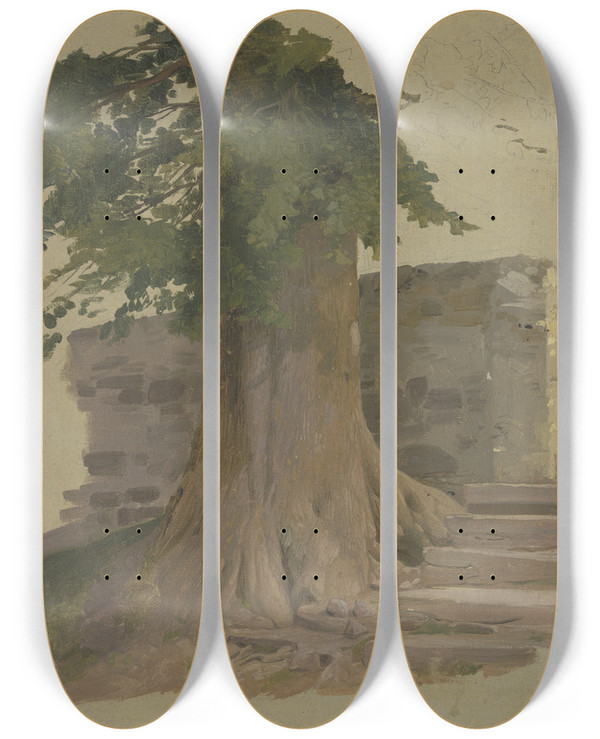 Triptych art skateboard deck of Jakob Becker Alter Baum An Einem Mauerstck_2 by Jakob Becker (1810-1872)