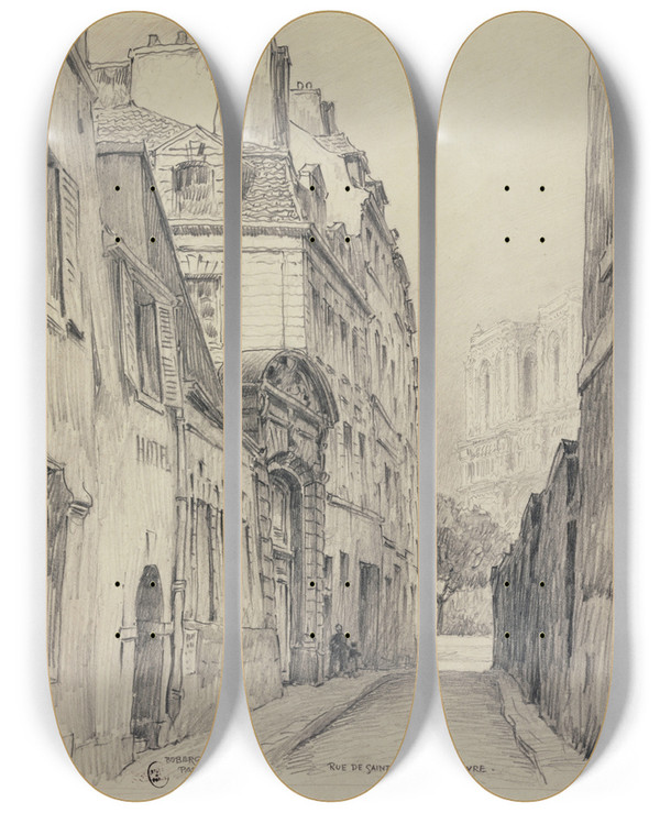 Triptych art skateboard deck of Ferdinand Boberg La Rue Saintjulienlepauvre by Ferdinand Boberg (1860-1946)