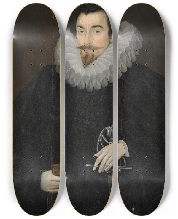 Triptych art skateboard deck of Hieronimos Custodis Portrait Of Sir John Harrington 15611612 by Hieronimos Custodis (1585-1598)