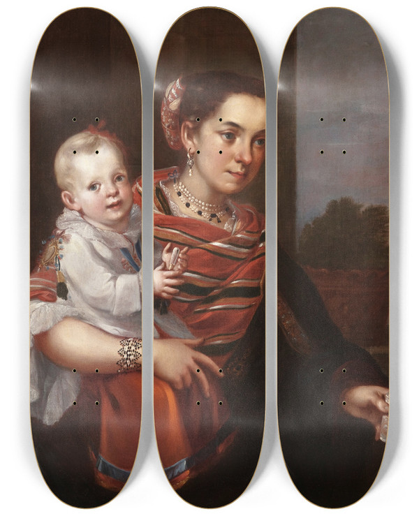 Triptych art skateboard deck of Juan Patricio Morlete Ruiz Casta Painting From Spaniard And Morisca Albino by Juan Patricio Morlete Ruiz (1713-1770)