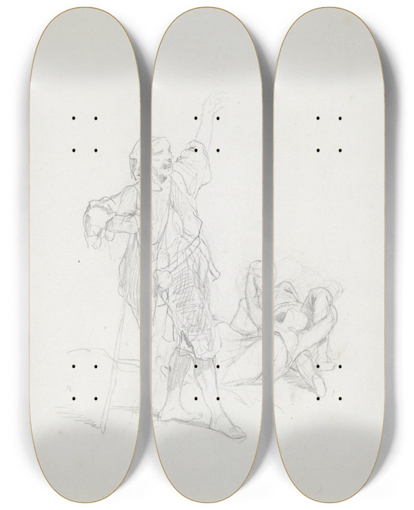 Triptych art skateboard deck of Paul Gavarni Study For Book Illustration by Paul Gavarni (1804-1866)