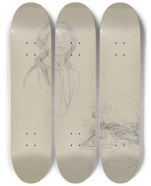 Triptych art skateboard deck of Jakob Becker Studienblatt Aufblickendes Bauernmdchen Sowie Ein Menschenauflauf by Jakob Becker (1810-1872)