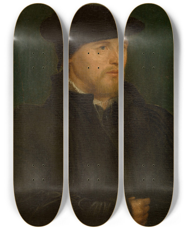 Triptych art skateboard deck of Hans Holbein The Younger Portrait Of A Man by Hans Holbein The Younger (1497-1543)