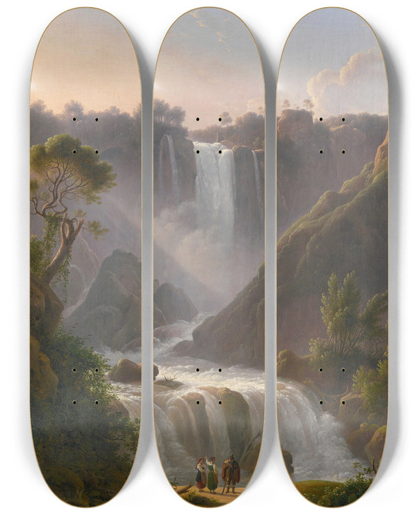 Triptych art skateboard deck of Martin Verstappen A View Of The Waterfalls At Terniwith Figures In The Foreground by Martin Verstappen (1773-1853)