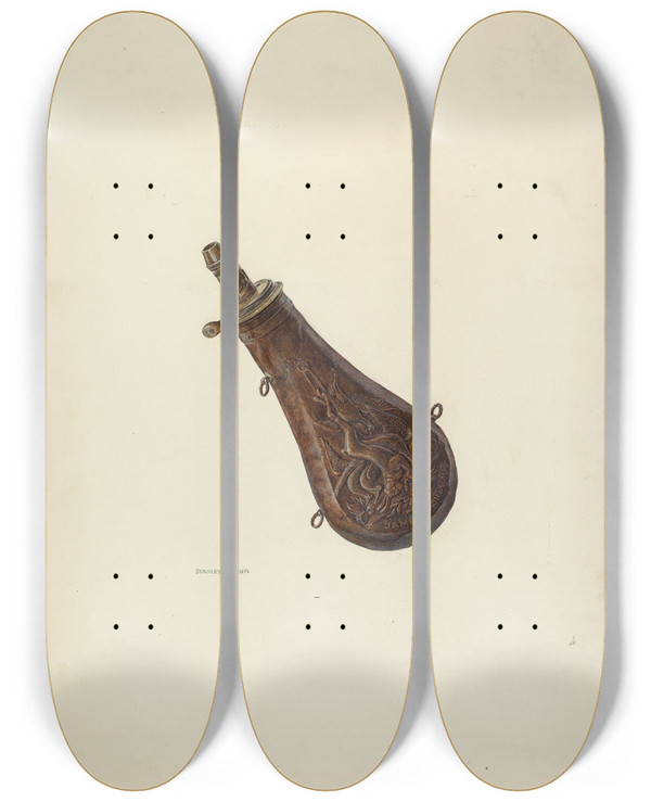 Triptych art skateboard deck of Stanley Mazur Powder Flask by Stanley Mazur