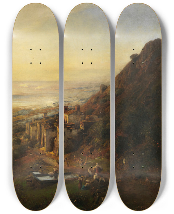 Triptych art skateboard deck of Albert Flamm Landschaft An Der Amalfikste by Albert Flamm (1823-1906)