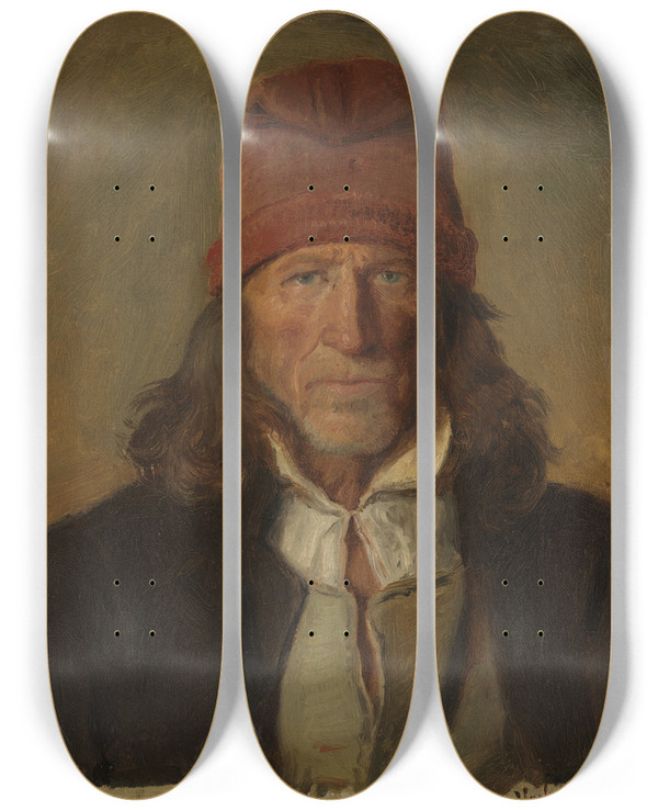 Triptych art skateboard deck of Adolph Tidemand Portrait Of A Farmer From Vossevangen by Adolph Tidemand (1814-1876)