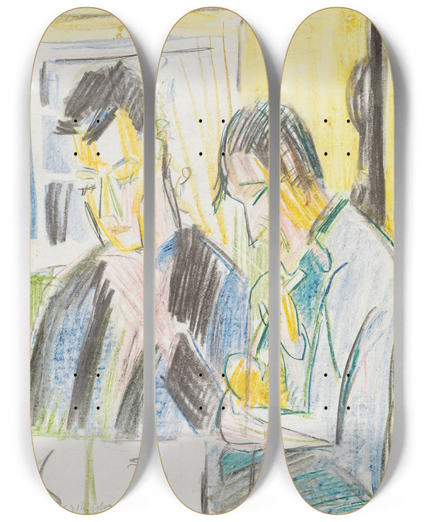 Triptych art skateboard deck of Ernst Ludwig Kirchner Zwei Mnner Am Tisch by Ernst Ludwig Kirchner (1880-1938)