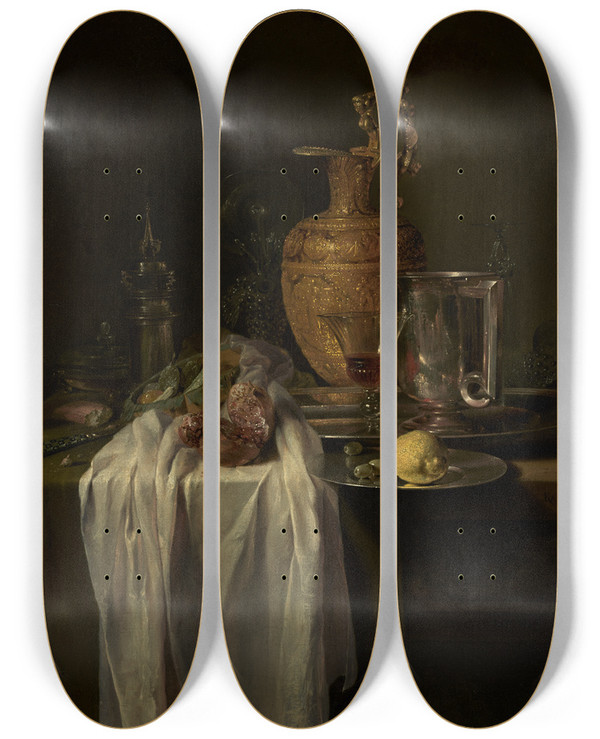 Triptych art skateboard deck of Willem Kalf Still Life With Ewer Vessels And Pomegranate by Willem Kalf (1619-1693)
