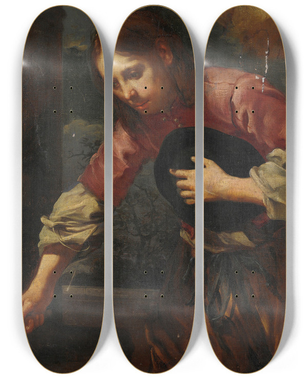 Triptych art skateboard deck of Bernardo Keilhau Boy With Hat by Bernardo Keilhau (1624-1687)