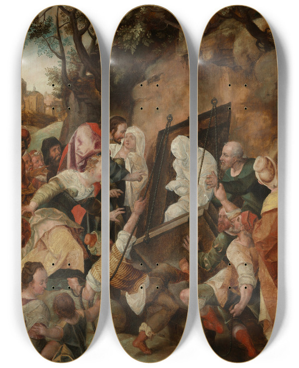 Triptych art skateboard deck of Wendel Dietterlin Auferweckung Des Lazarus by Wendel Dietterlin