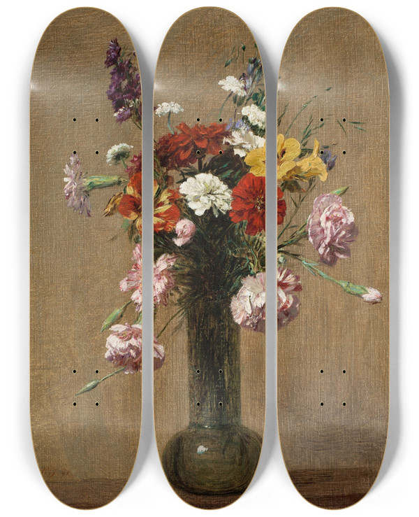 Triptych art skateboard deck of Henri Fantinlatour Fleurs Diverses Dans Un Vase by Henri Fantin-Latour (1836-1904)