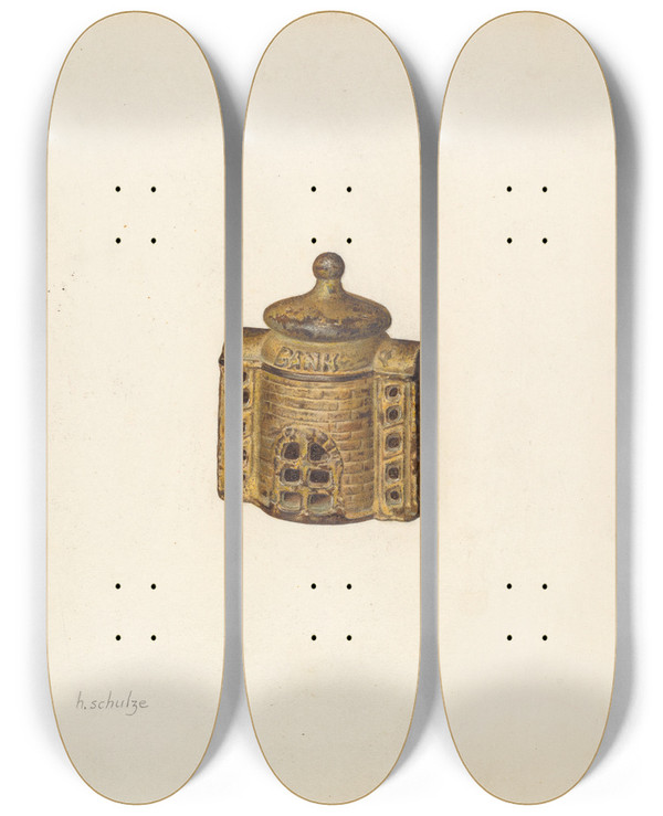 Triptych art skateboard deck of Herman Schulze Penny Bank_1 by Herman Schulze