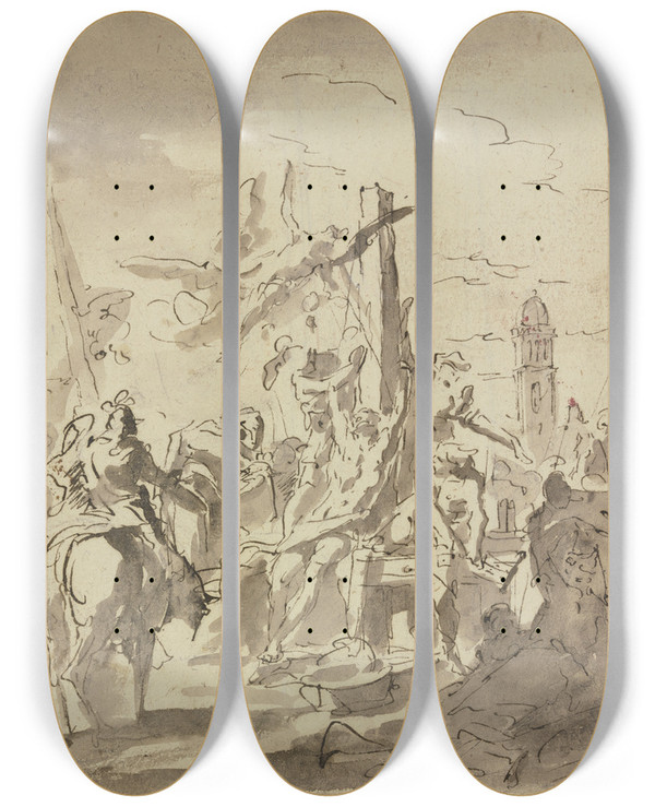 Triptych art skateboard deck of Gaspare Diziani Martyrdom Of A Saint by Gaspare Diziani (1689-1767)