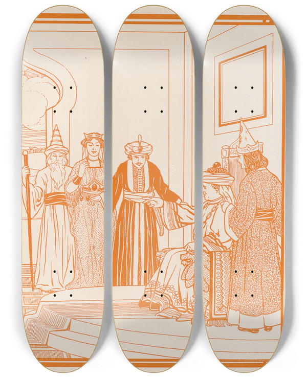 Triptych art skateboard deck of Leopold Flood Brightwits Prince Of Mogadore Pl 16 by Leopold Flood