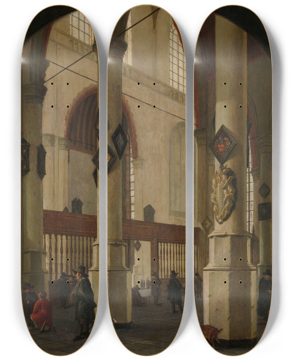 Triptych art skateboard deck of Hendrick Cornelisz Van Vliet View Of The Oude Kerk In Delft by Hendrick Cornelisz. van Vliet (1611-1675)