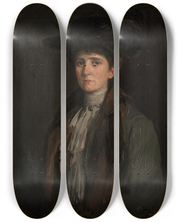 Triptych art skateboard deck of Sir John Lavery A Lady In Brown Thought To Be Margaret Edith Bannatyne Cobb by Sir John Lavery (1856-1941)