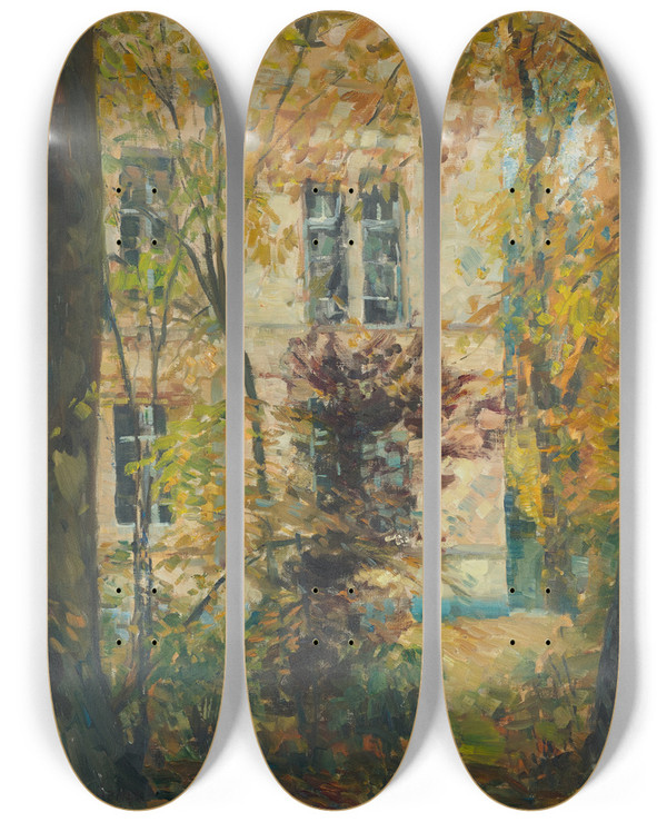 Triptych art skateboard deck of Ulrich Hbner Haus Mit Garten by Ulrich Hubner (1872-1932)