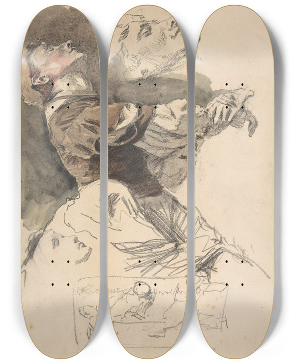 Triptych art skateboard deck of Otto Greiner Study Of A Female Dancer by Otto Greiner (1869-1916)