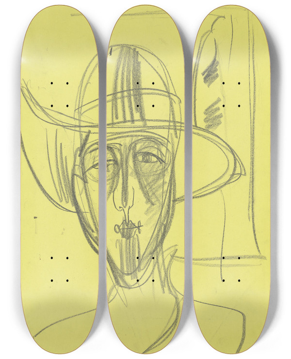 Triptych art skateboard deck of Ernst Ludwig Kirchner Portrait Of Ester Haufler_1 by Ernst Ludwig Kirchner (1880-1938)