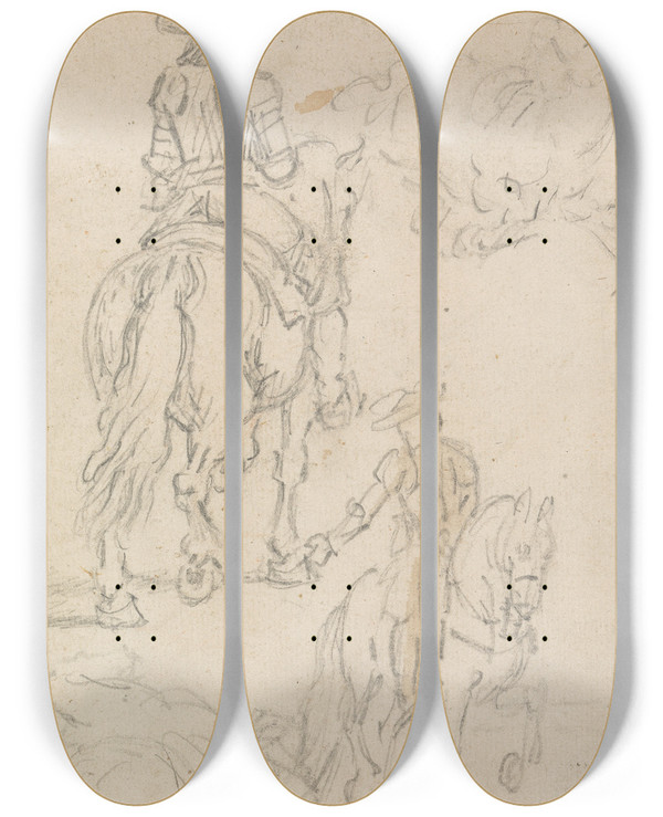 Triptych art skateboard deck of James Seymour A Rider In Armor And Two Horses Lying Down by James Seymour (1697-1752)