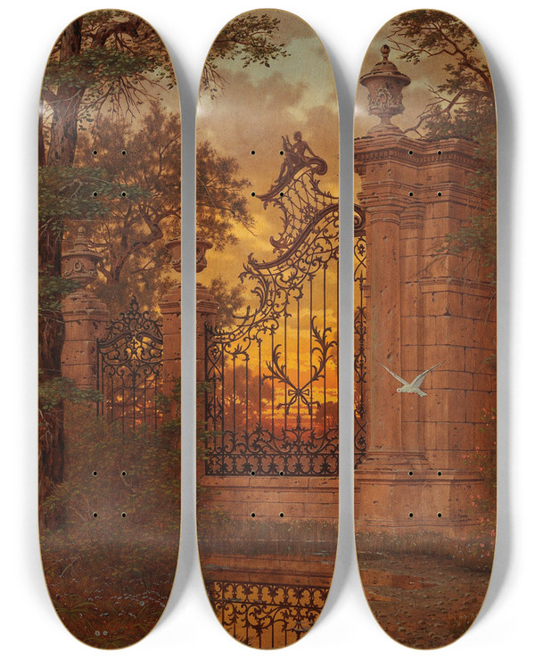 Triptych art skateboard deck of Ferdinand Knab Am Schlosstor by Ferdinand Knab (1834-1902)