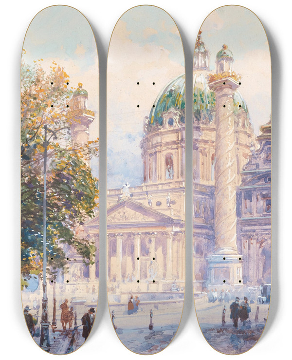 Triptych art skateboard deck of Friedrich Frank Saint Charless Church In Vienna by Friedrich Frank (1871-1945)