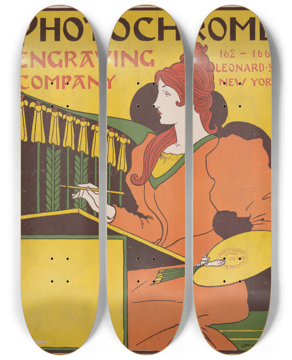 Triptych art skateboard deck of Louis Rhead Photochrome Engraving Company by Louis Rhead (1857-1926)