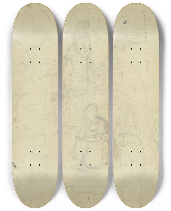 Triptych art skateboard deck of Jakob Frchtegott Dielmann Eine Sitzende Und Eine Stehende Frau Mit Kind by Jakob Furchtegott Dielmann (1809-1885)